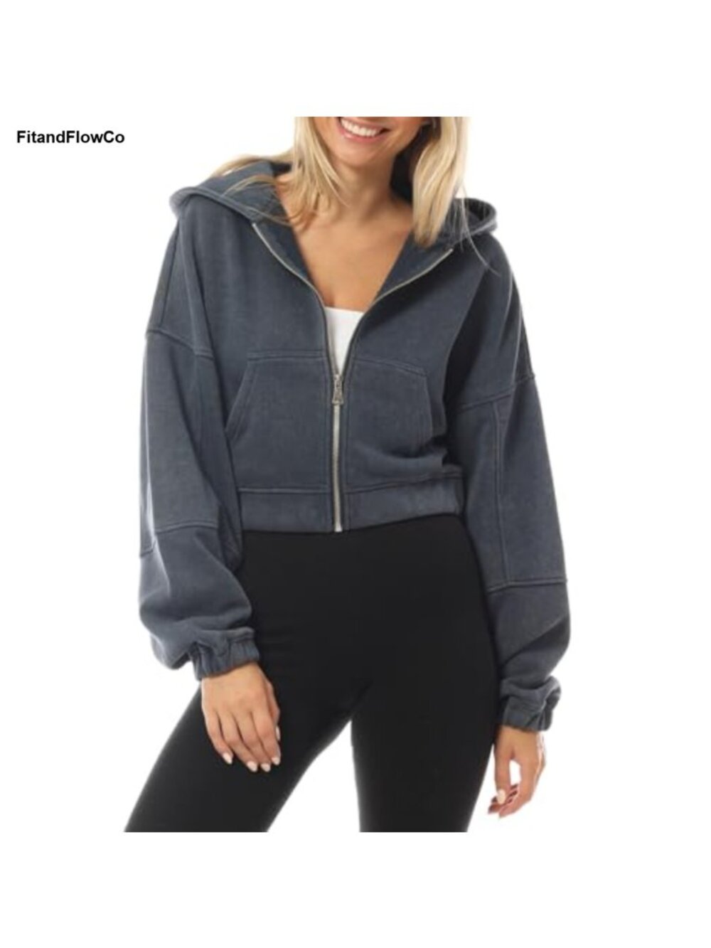 Vintage Acid Wash Zip Up Cropped Hoodie Balloon Sleeve Sweatshirt